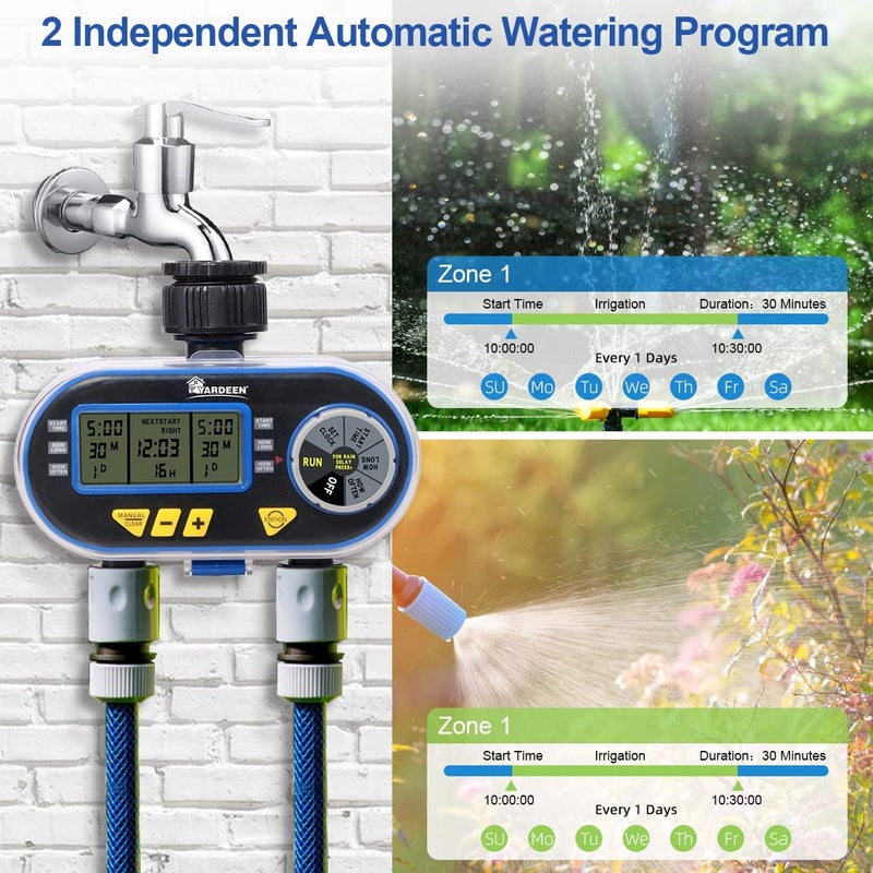 Yardeen Sprinkler Timer for Garden Hose, Programmable Hose Timer with Rain Delay/Manual/2 Solenoid Valves Garden Electronic Irrigation Controller System Color Blue - Image 2
